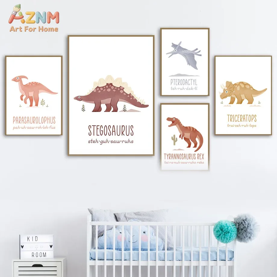 Kids Education Name - AZNM 귀여운 수채화 공룡 캔버스 벽