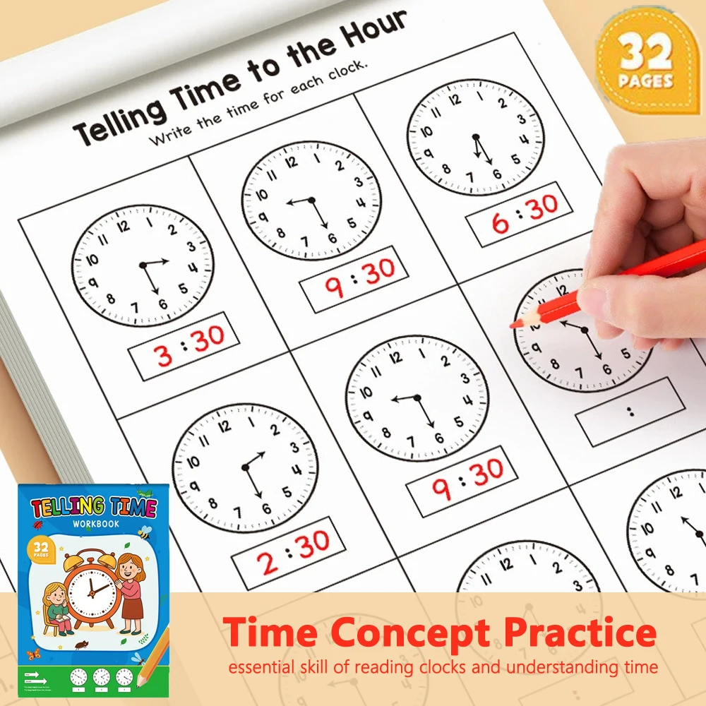 Learning Workbook Preschool - 32페이지짜리 어린이용 시간 학습 워크북 (4-8세